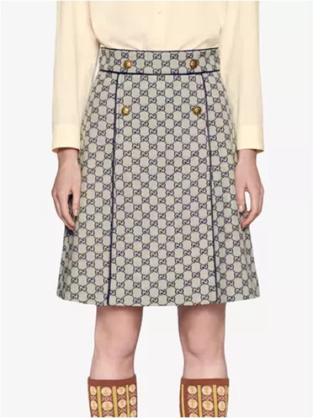 Gucci Beige GG Monogram A-Line Skirt with Gold Buttons